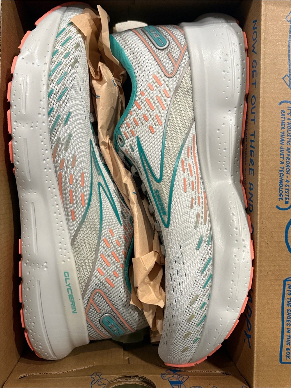 New in box Brooks Women's White:Teal/Coral Glycerin 20 Running Shoes